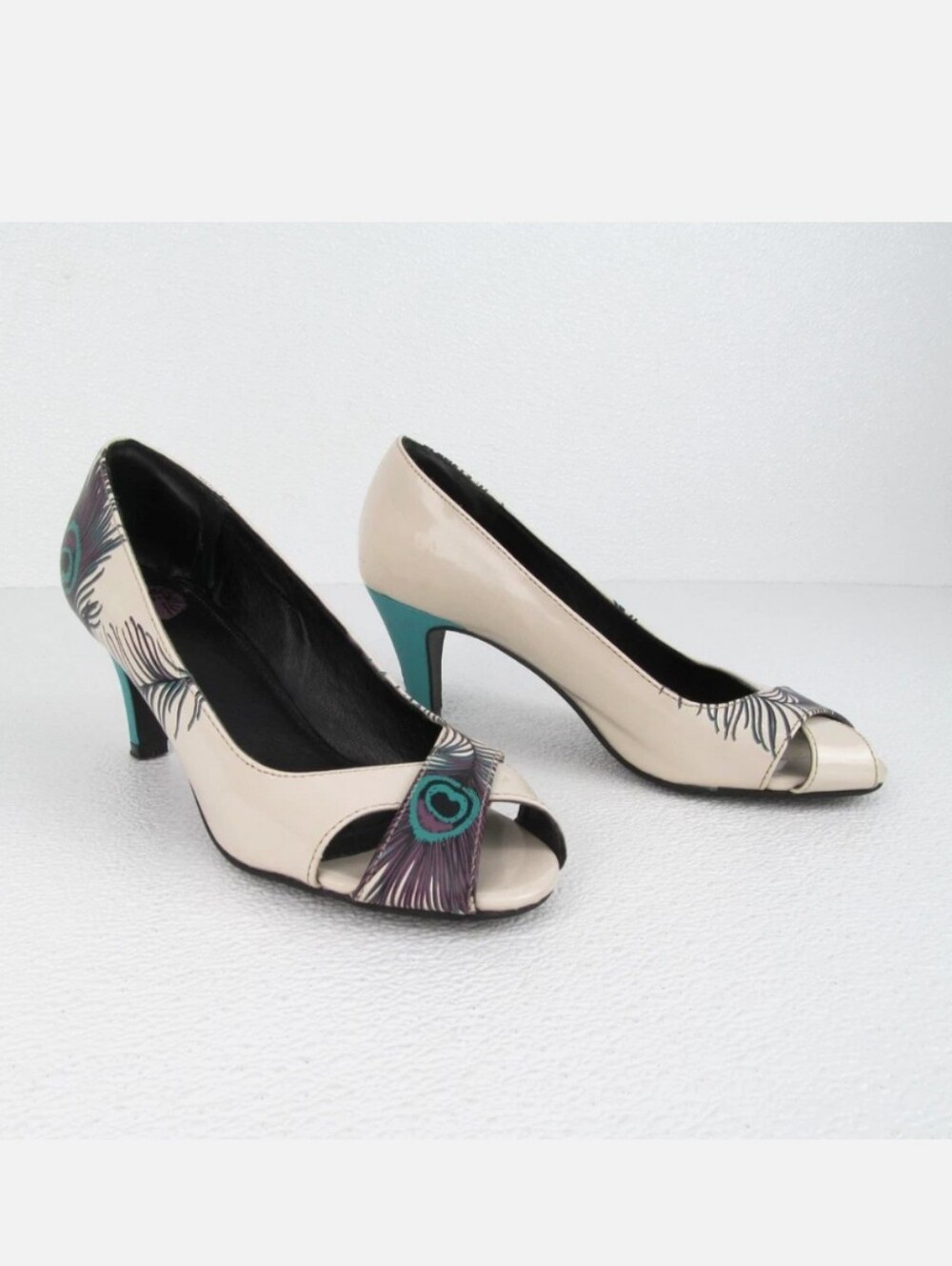 Vintage T.U.K. Peacock Feather Peep Toe Kitten Heels Pumps ModCloth Size 8 Like